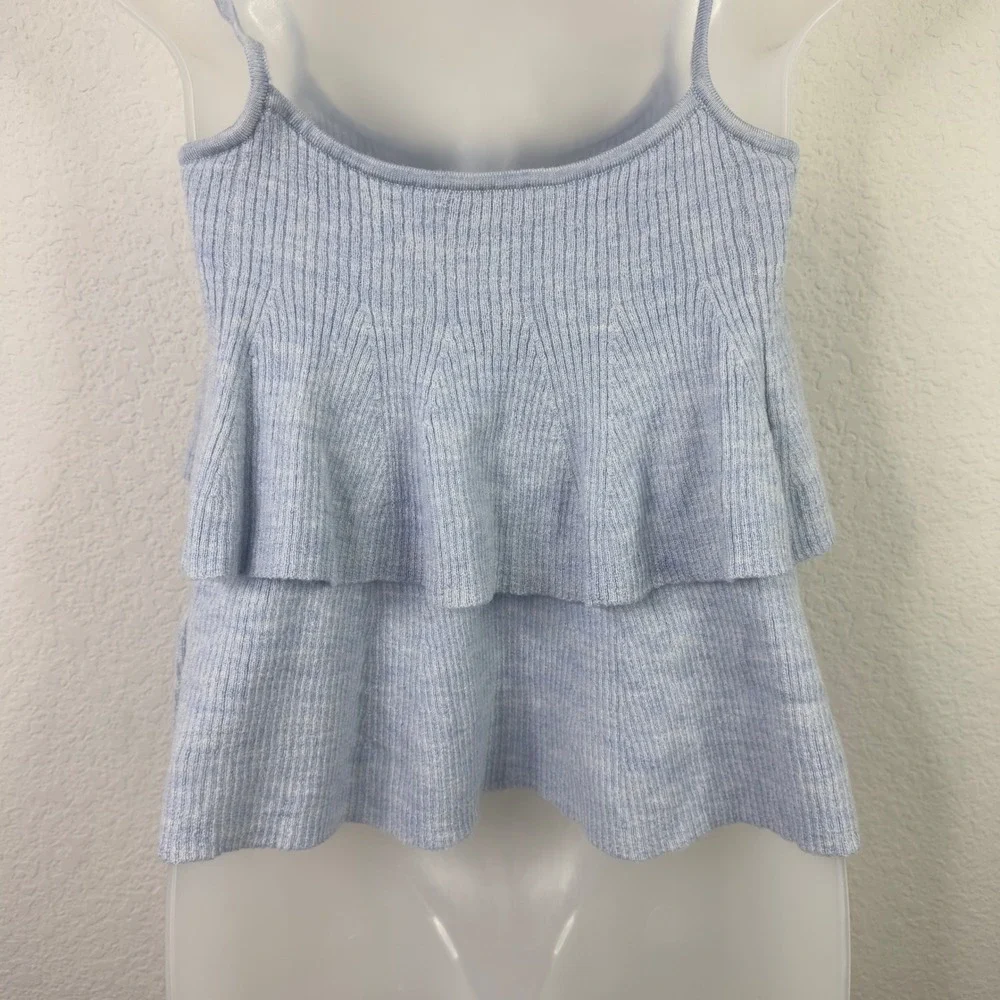 J.Crew Tank Top Sweater Women S Blue Merino Wool Ribbed Tiered Ruffle Minimalist
